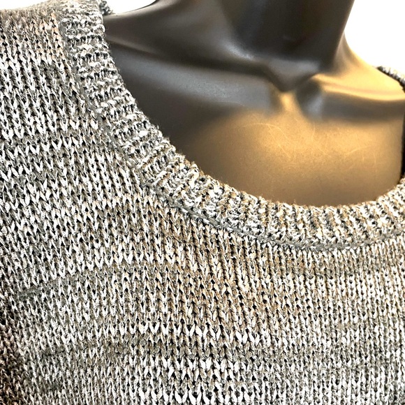 Metallic Silver Shimmer Open Knit Body Crop Short Sleeve Sweater Large - Picture 7 of 10